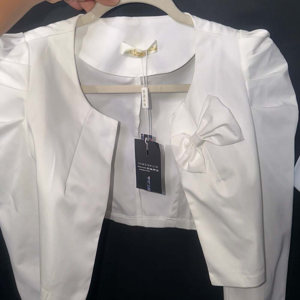 Ruweishijia White Bow Detail Puff Sleeve Cropped Bolero Jacket Size M